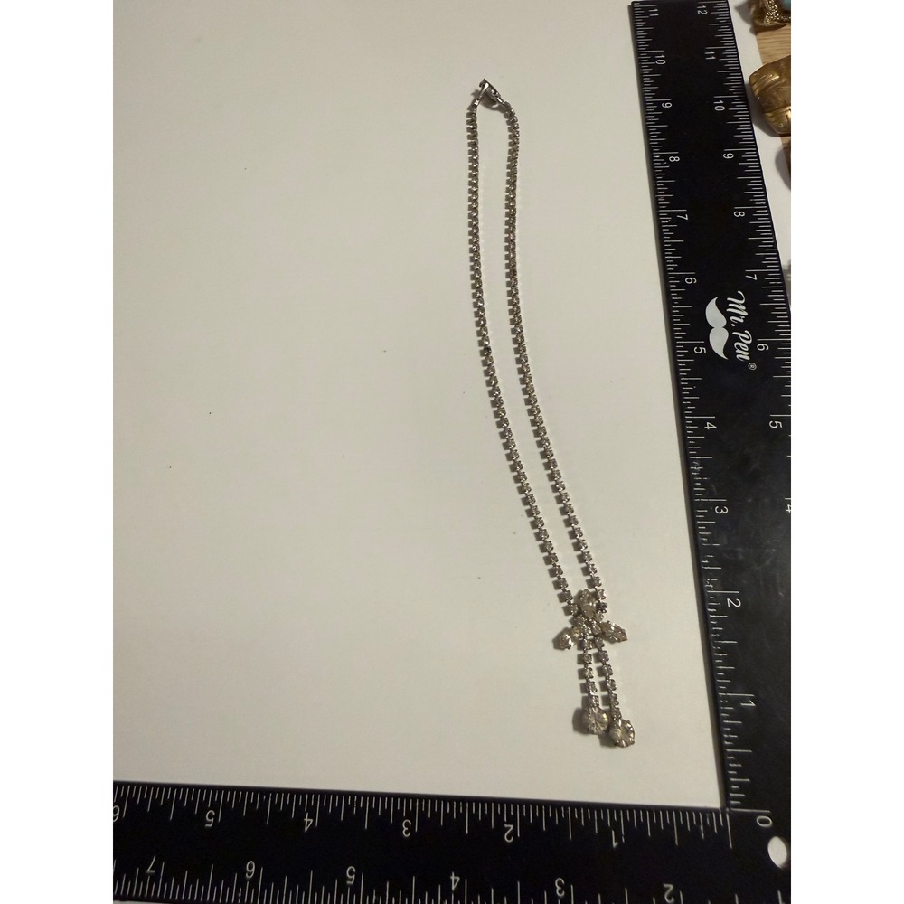 Vintage‎ Silver Tone Clear Rhinestone Bow Lavalier Drop Necklace 15 Inch
